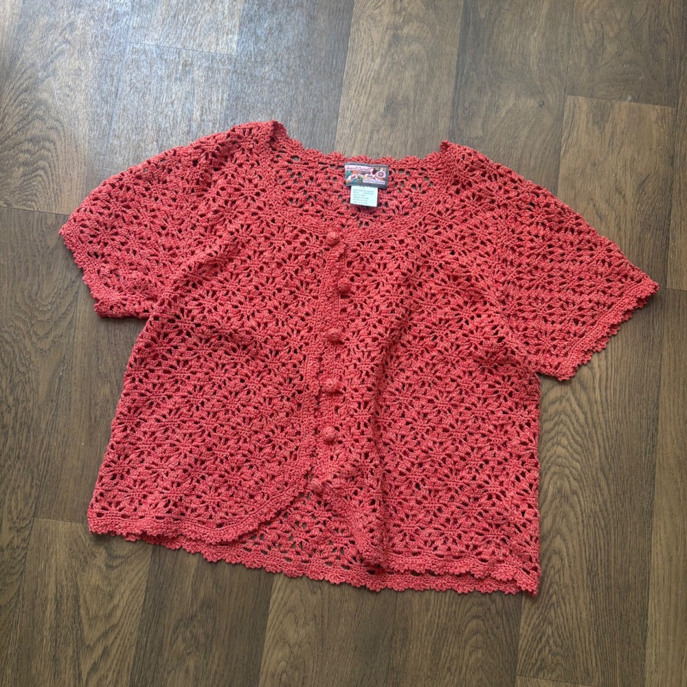 Vtg 1990s Womens Boho Cottage Core Style April Cornell Lace Knit Orange Cardigan